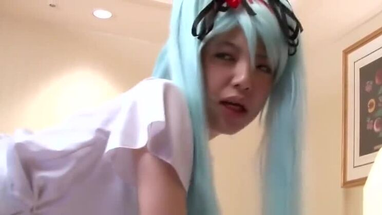 Asian Hottie In Blue Hair Wig Plays With A Dude